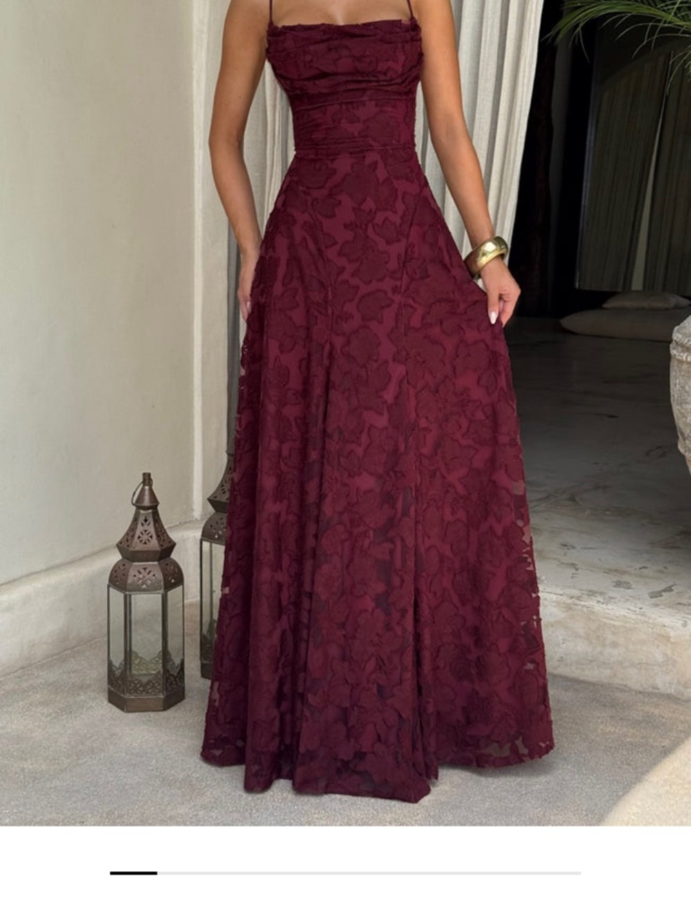 Sleeveless Burgundy Lace Maxi Dress with Spaghetti Straps - Picture 2 of 11